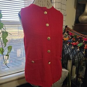 PrettyGarden Red Knit Vest with Gold Accents